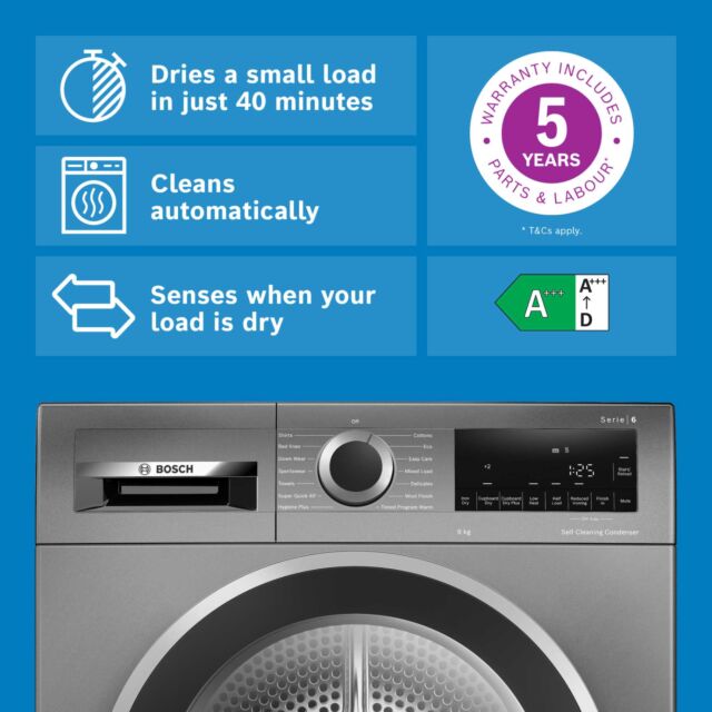 Bosch WQG245R2GB Cast Iron Grey Series 6, Heat Pump Tumble Dryer, 9 Kg